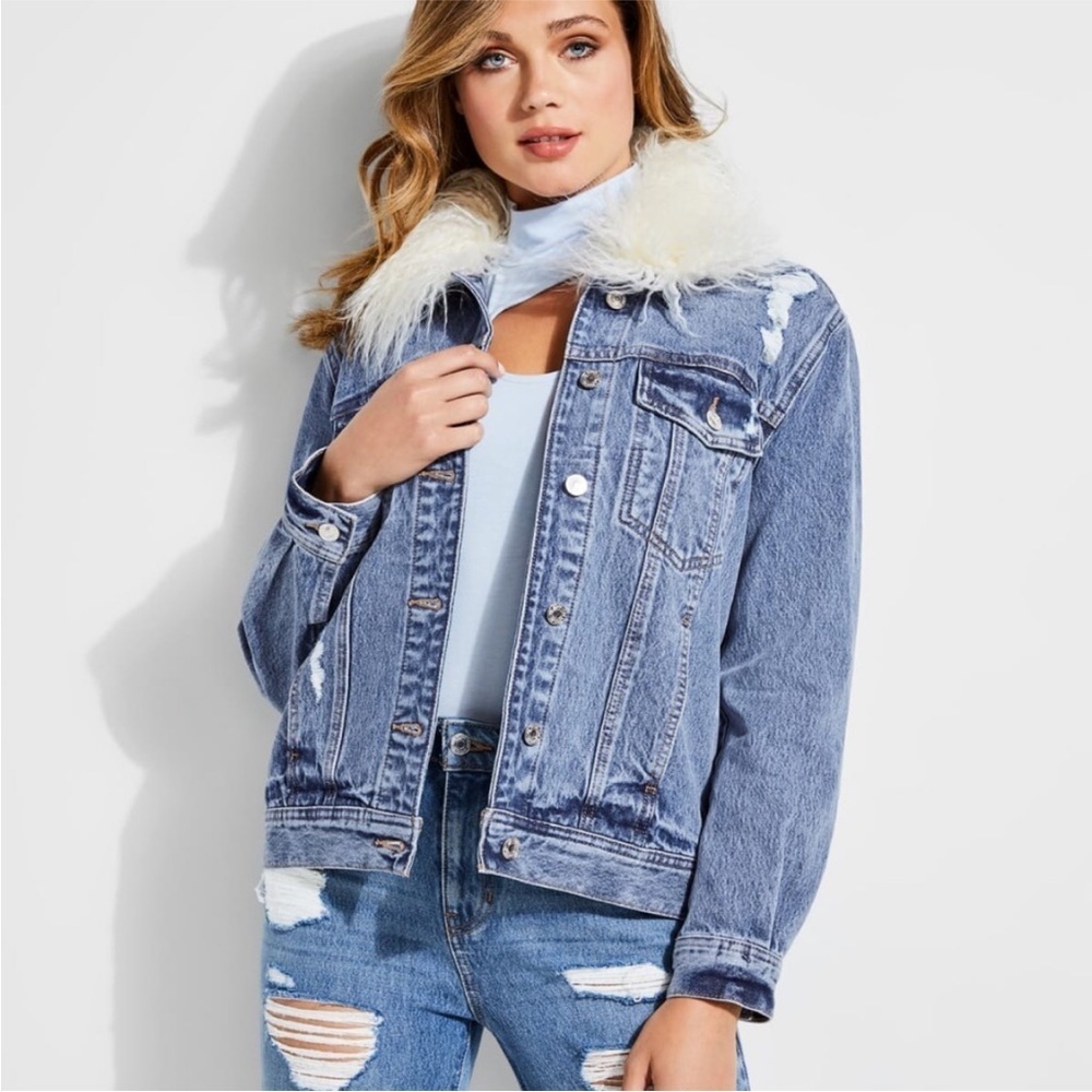 GUESS by Los Angeles Faux fur distressed jean jacket with removable fur medium